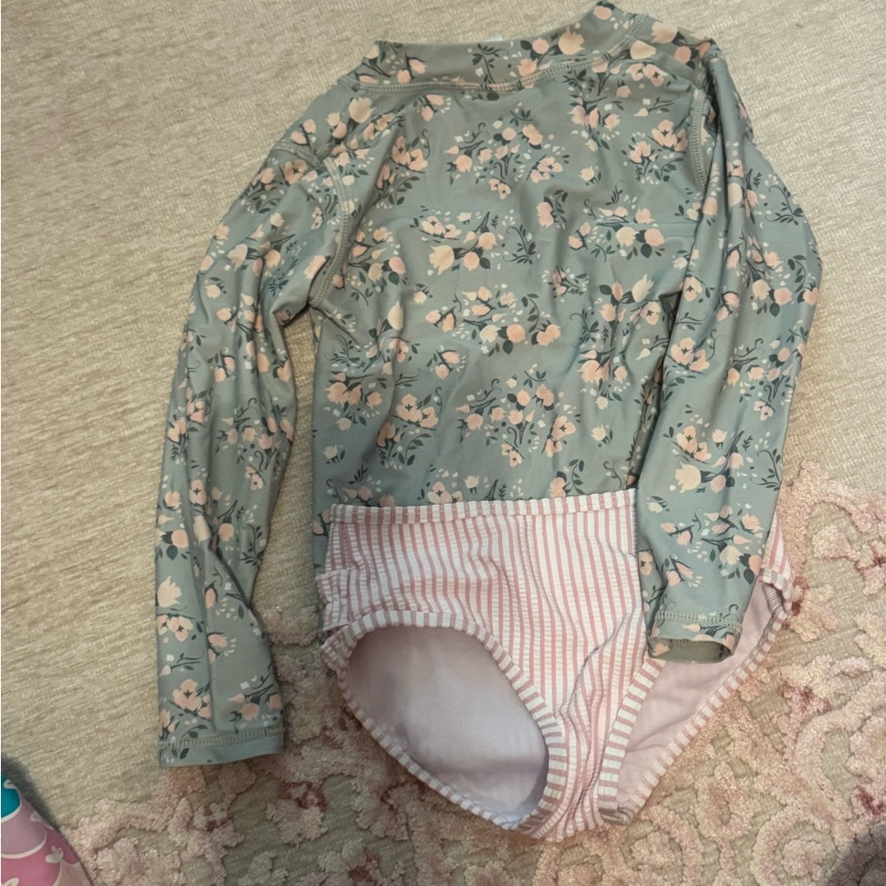 Ruffle Butts Girls Two-Piece Floral Rash Guard Set in Sage Green and Pink